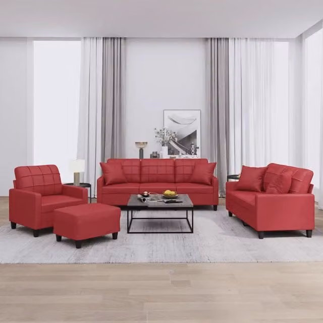 Set di divani vidaXL da 4 pezzi in similpelle rossa con cuscini e pouf per soggiorno