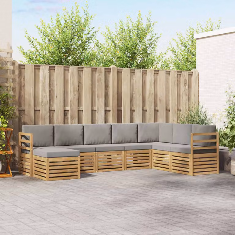 Set di divani da esterno vidaXL a forma di L composto da 8 pezzi in legno di acacia con cuscini bianchi e grigi