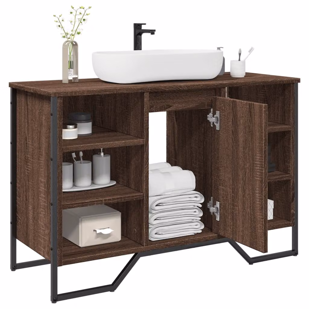 Lavabo da bagno moderno vidaXL in rovere marrone con ante a cerniera e ripiani interni L: 91 cm, P: 35 cm, H: 60 cm
