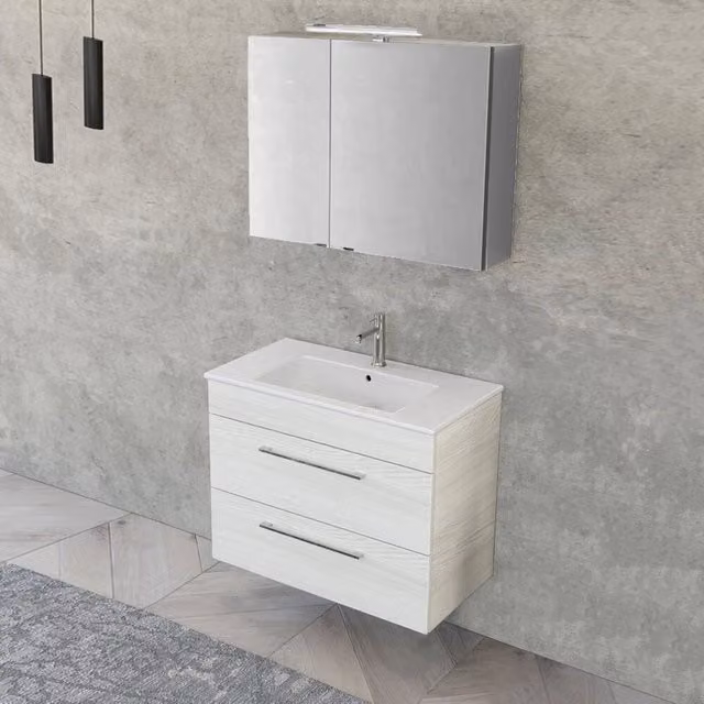 Mobile bagno sospeso Smart INBAGNO bianco e legno con specchio contenitore e illuminazione LED L: 80 cm, P: 43 cm, H: 62 cm