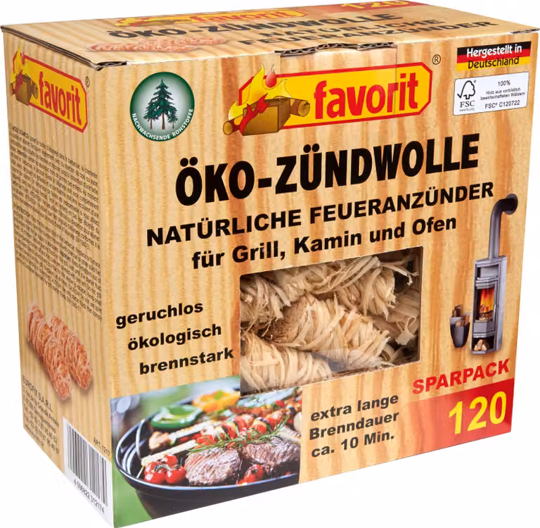 Favorit Feueranzünder (Holzwolle & Wachs), 120 Stück ° äkologische Anzünder 1217