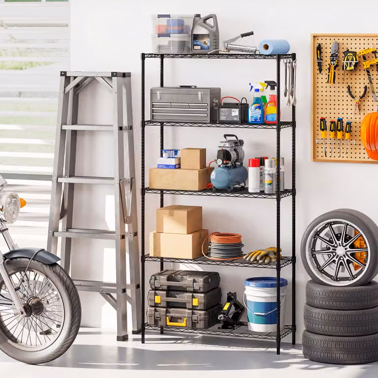 Scaffale organizzatore Costway in metallo nero con 5 ripiani regolabili per cucina, garage o giardino, L 91 cm x P 35 cm x H 182 cm