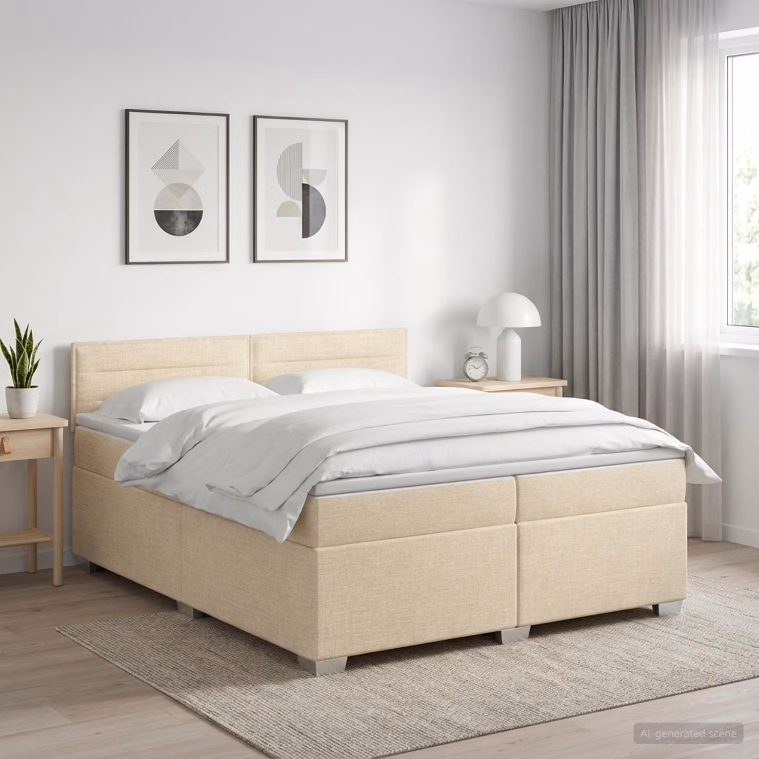 Letto box spring vidaXL con materasso ibrido in tessuto beige e bianco, L/P: 200 x 200 cm