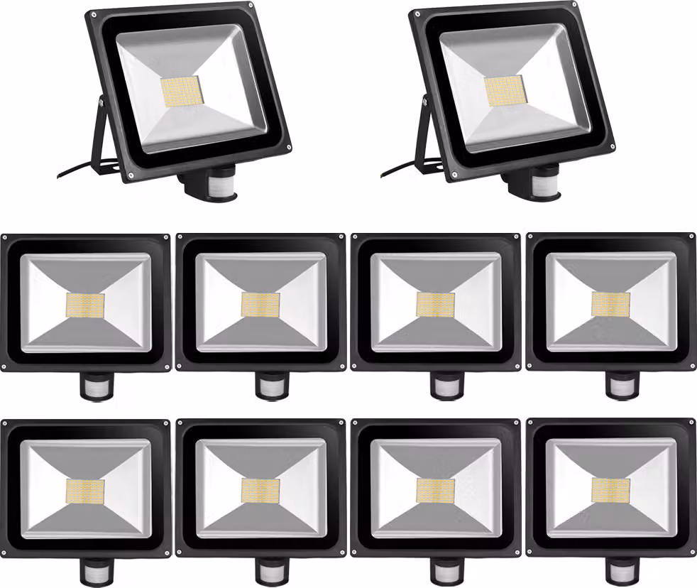 10 pezzi di proiettori LED SMD da 80 W con sensore di movimento PIR, Greenmigo 120°, IP65, corpo in alluminio nero, luce bianca calda