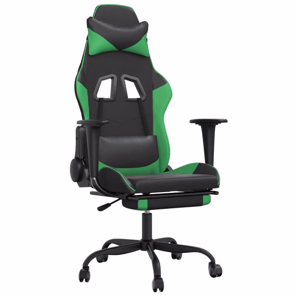 Sedia da Gaming con Poggiapiedi Nero e Verde in Pelle finta