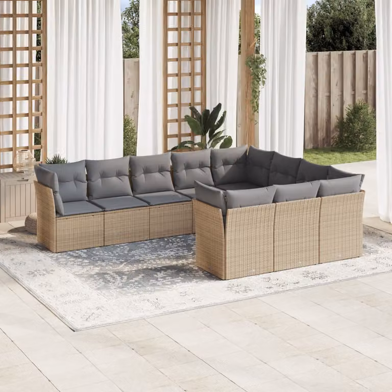 vidaXL Set Divano da Giardino a L 10 pz con Cuscini Beige e Struttura in Metallo e Polyrattan
