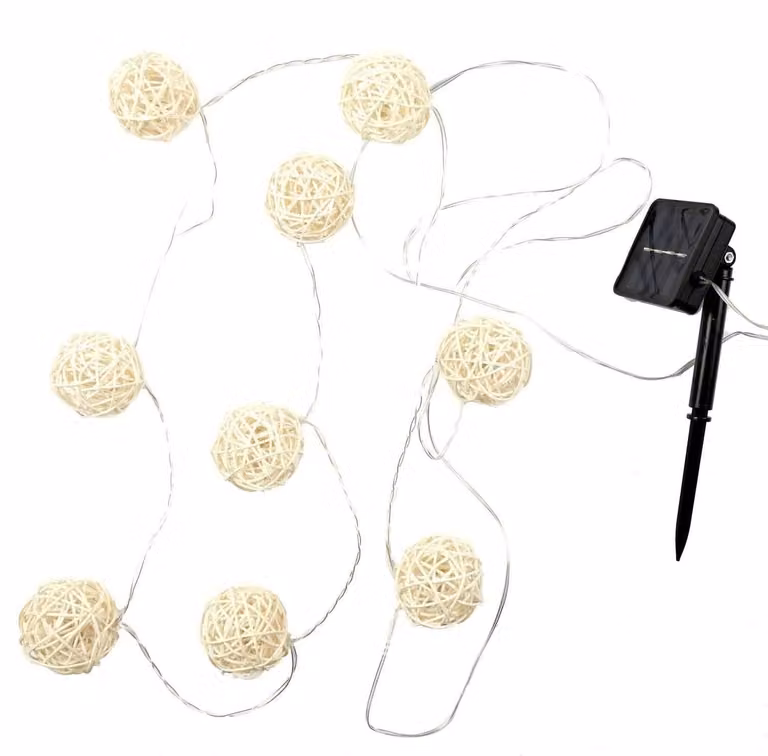 Catena luminosa solare con sfere di rattan, 165 cm, luce bianco caldo, grado di protezione IP65