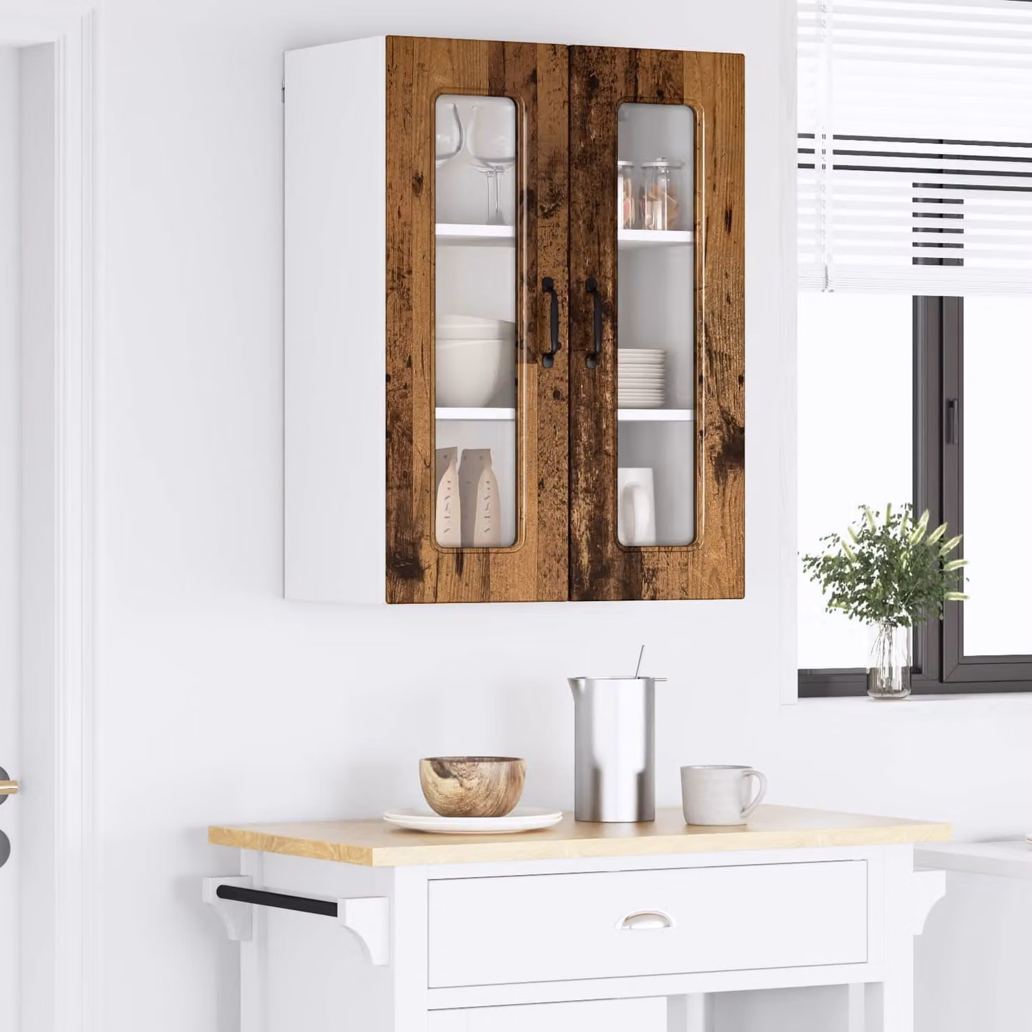 vidaXL Pensile da cucina Kalmar moderno in legno marrone con ante in vetro L: 60 cm, P: 31 cm, H: 80 cm
