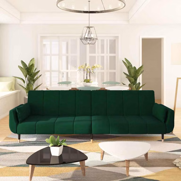 vidaXL Divano Letto Click-Clack a 2 Posti in Velluto Verde con Cuscini e Poggiatesta Regolabile L: 220 cm, P: 84,5 cm, H: 69 cm