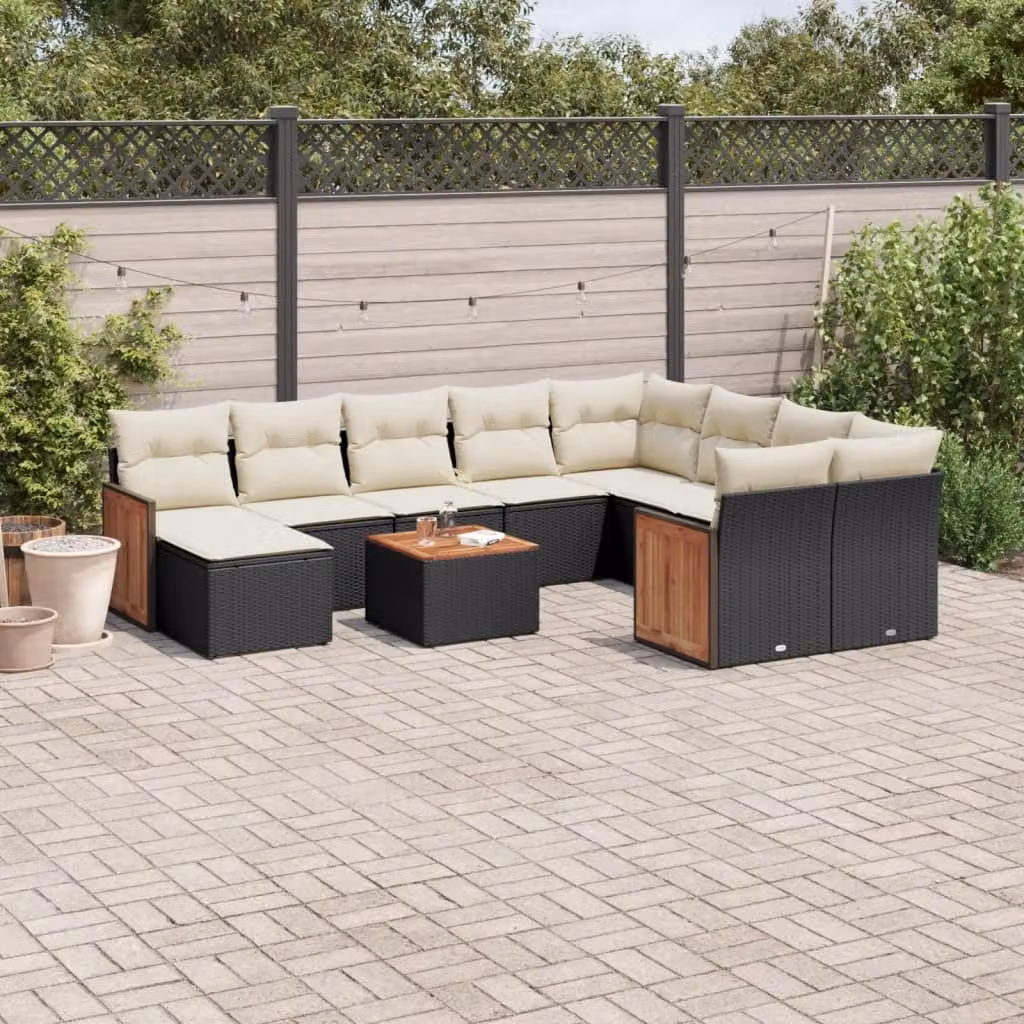vidaXL Set Divani da Giardino 11 pz in Polyrattan Nero con Cuscini e Tavolino da Esterno – 1