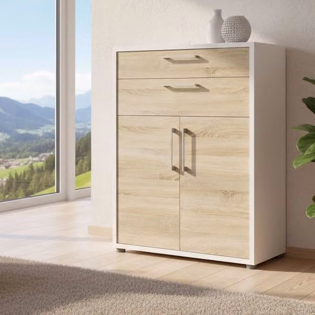 Credenza Agra DMORA, Buffet e Madia da Soggiorno o Cucina, Bianco e Quercia, L: 89 cm, P: 40 cm, H: 113 cm – 1