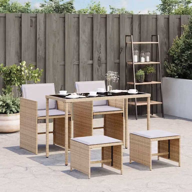 Set Pranzo da Giardino vidaXL in Polyrattan con Cuscini Beige e Grigio e Tavolo in Vetro 5 Pezzi