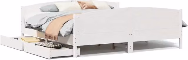 Letto matrimoniale in legno massello di pino bianco con cassetti stile rustico L/P/H: 160 x 200 x 165.5 cm
