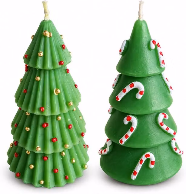 Candela albero di Natale 14 cm inodore in paraffina, decoro assortito