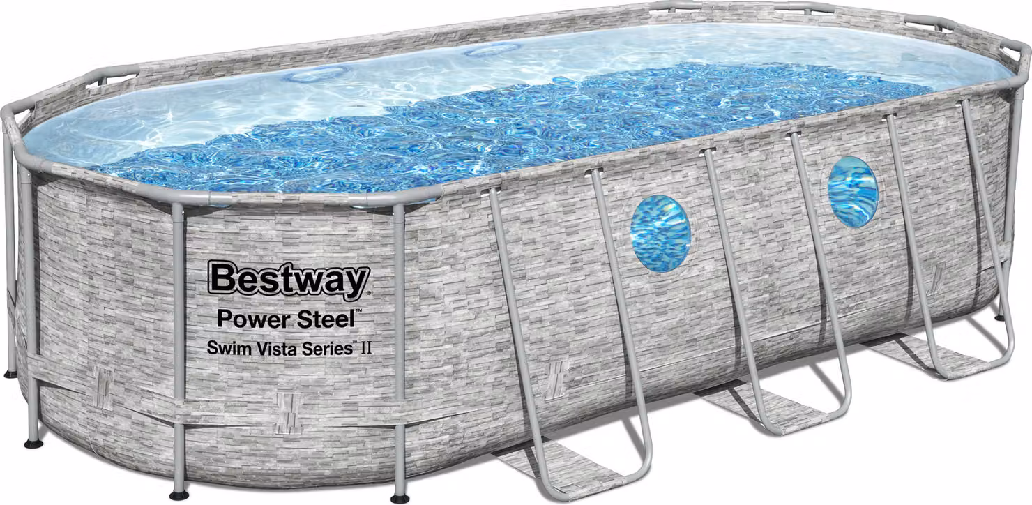 Bestway® Power Steel™ Swim Vista Series™ Set completo di piscina a telaio con pompa filtro 549 x 274 x 122 cm, aspetto muro di pietra (grigio crema), ovale