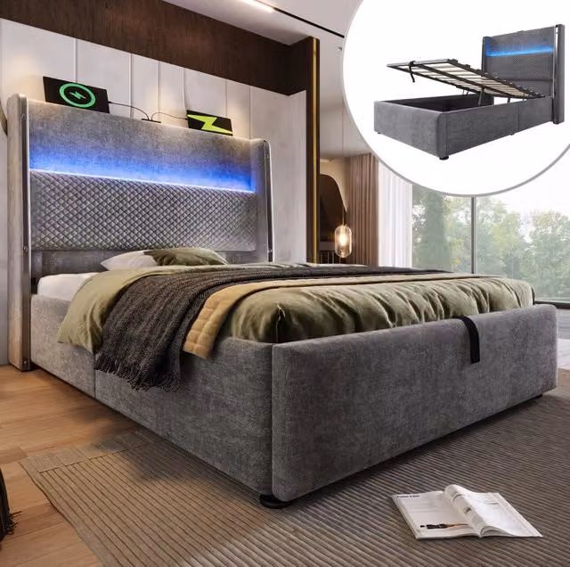 Letto 90x200 cm con contenitore idraulico, LED e USB/Type-C in lino grigio