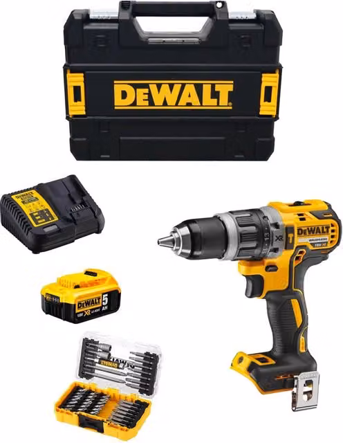 Trapano a percussione DeWalt DCD796P1T giallo con batteria ricaricabile e set di 40 punte per avvitamento