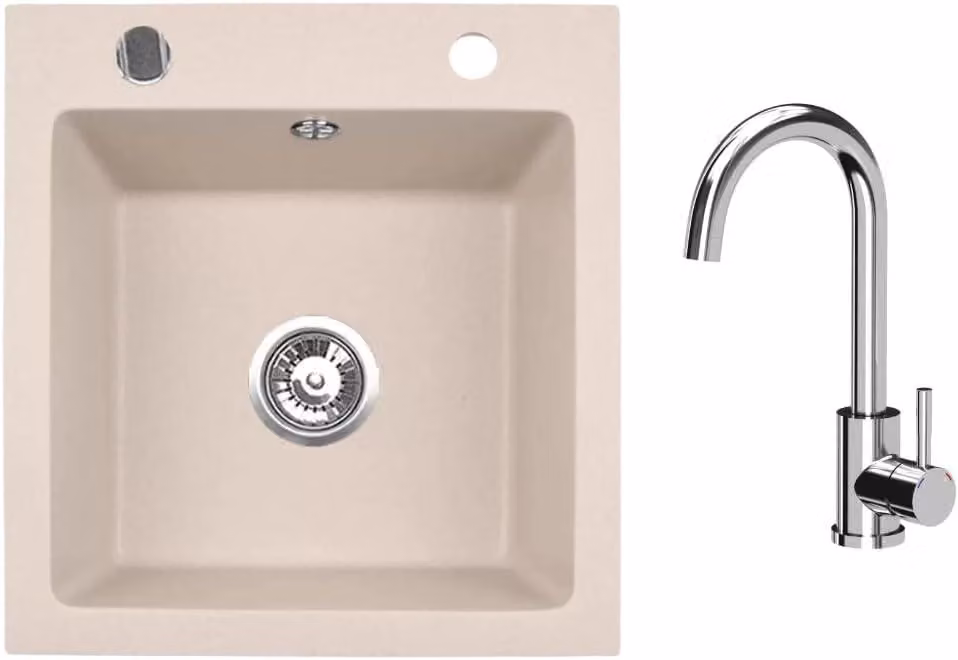 VBChome Lavello in granito 50 x 48 cm Beige con rubinetteria Lavello da incasso a vasca singola Spruzzato Lavello facile da pulire con sifone Ideale per cucine piccole