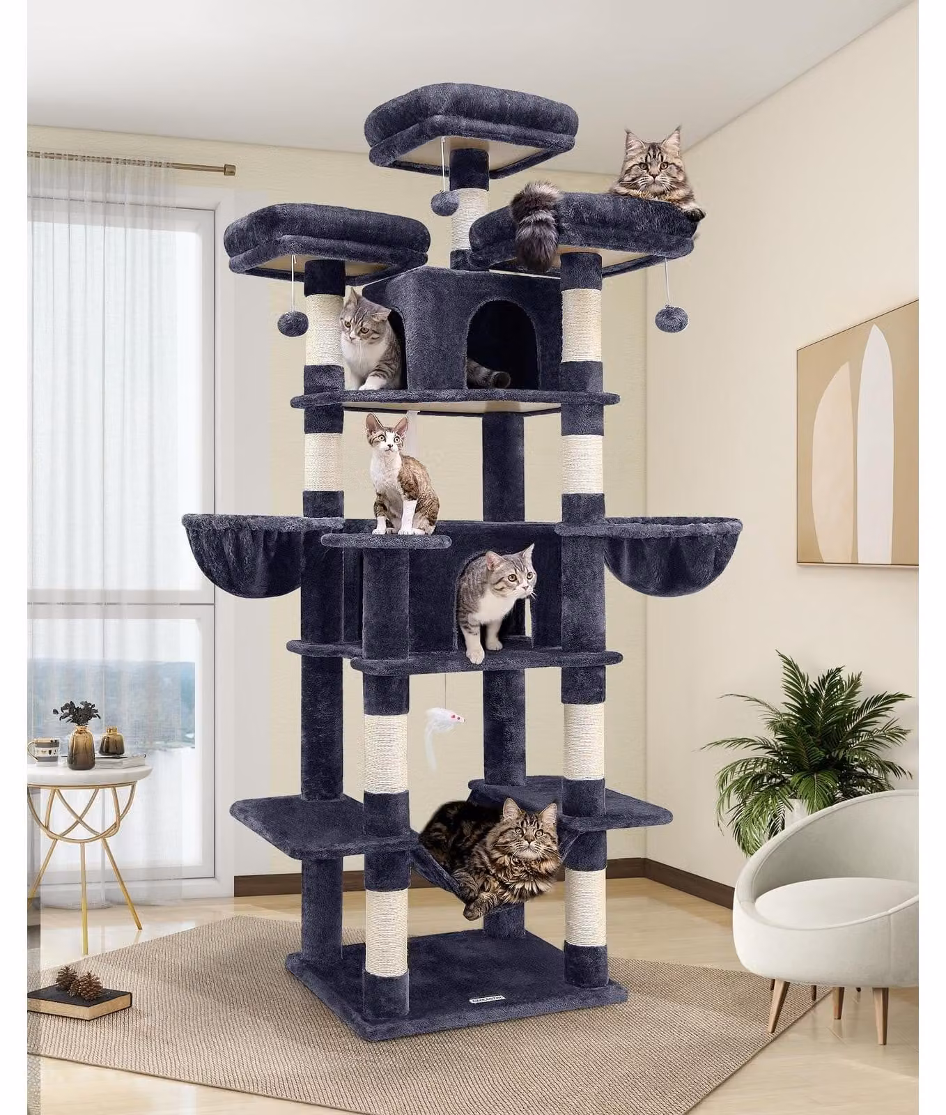 Tiragraffi per gatti - Amaca per gatti - 204 cm - Posatoi con peluche - Casetta per 2-3 gatti