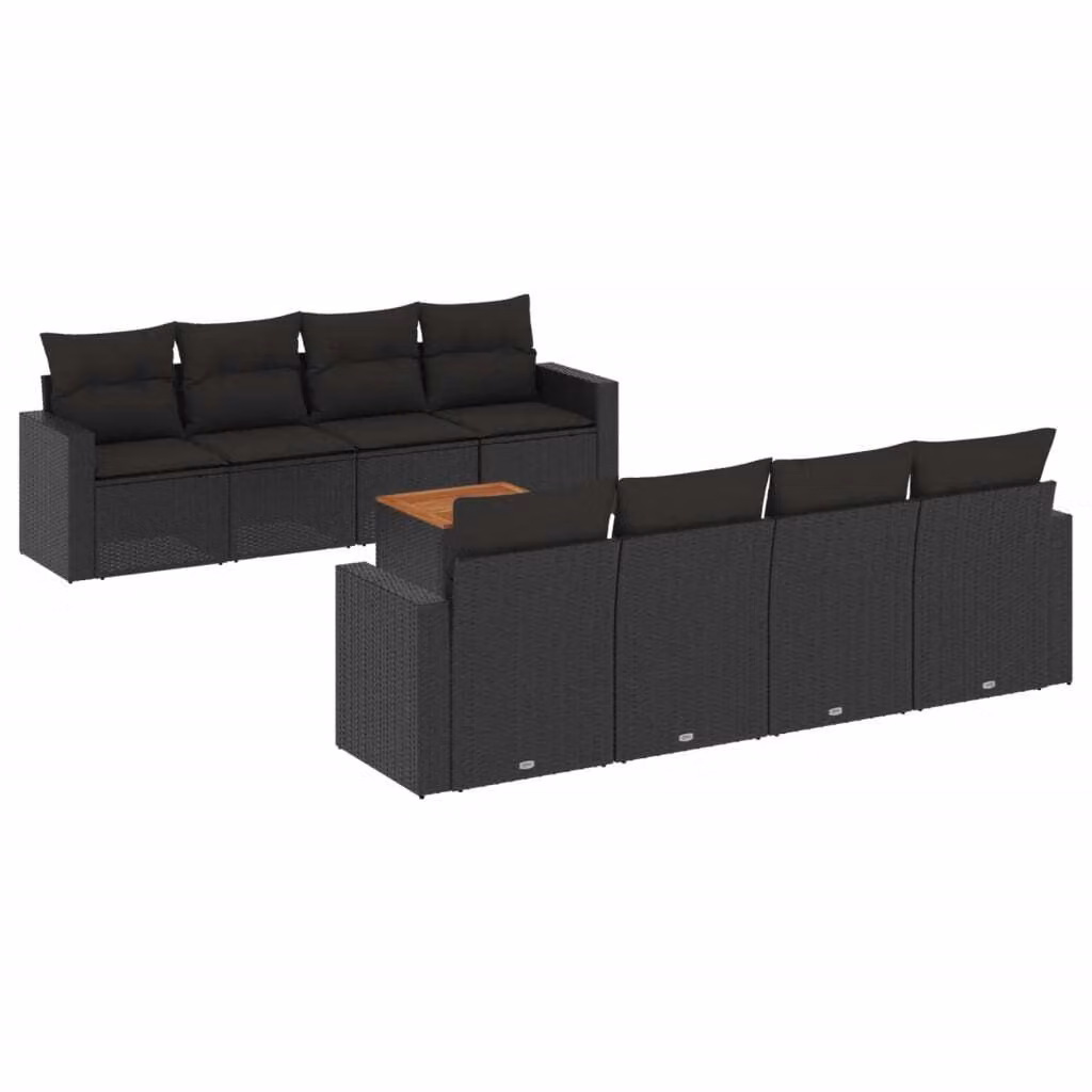 Set Divani da Giardino 9 pz con Cuscini Nero in Polyrattan