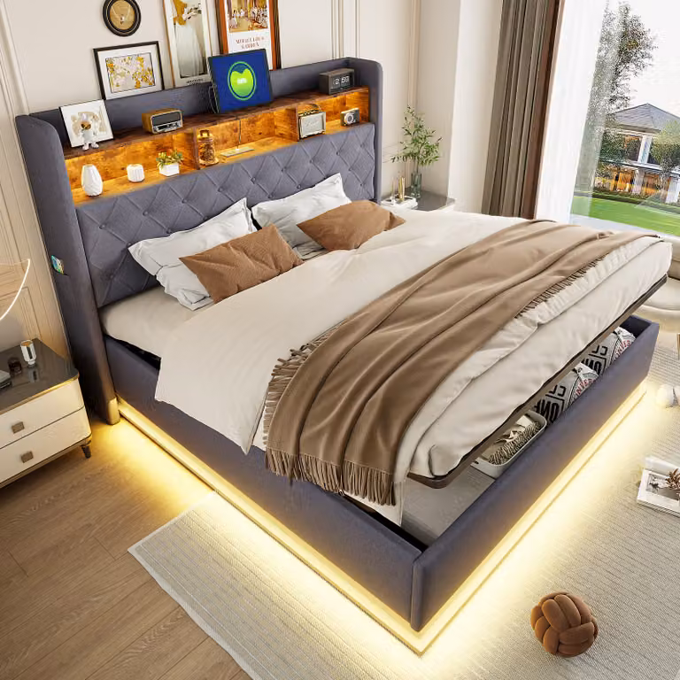 Letto imbottito STILVORA 180 x 200 cm, letto matrimoniale con porta USB e vano contenitore idraulico, letto per ragazzi, tessuto di lino, grigio (senza materasso)