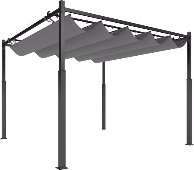 Pergola da giardino Outsunny con tetto retrattile e protezione UV30+, colonne in acciaio e accessori magnetici, Grigio, 3 x 3 m