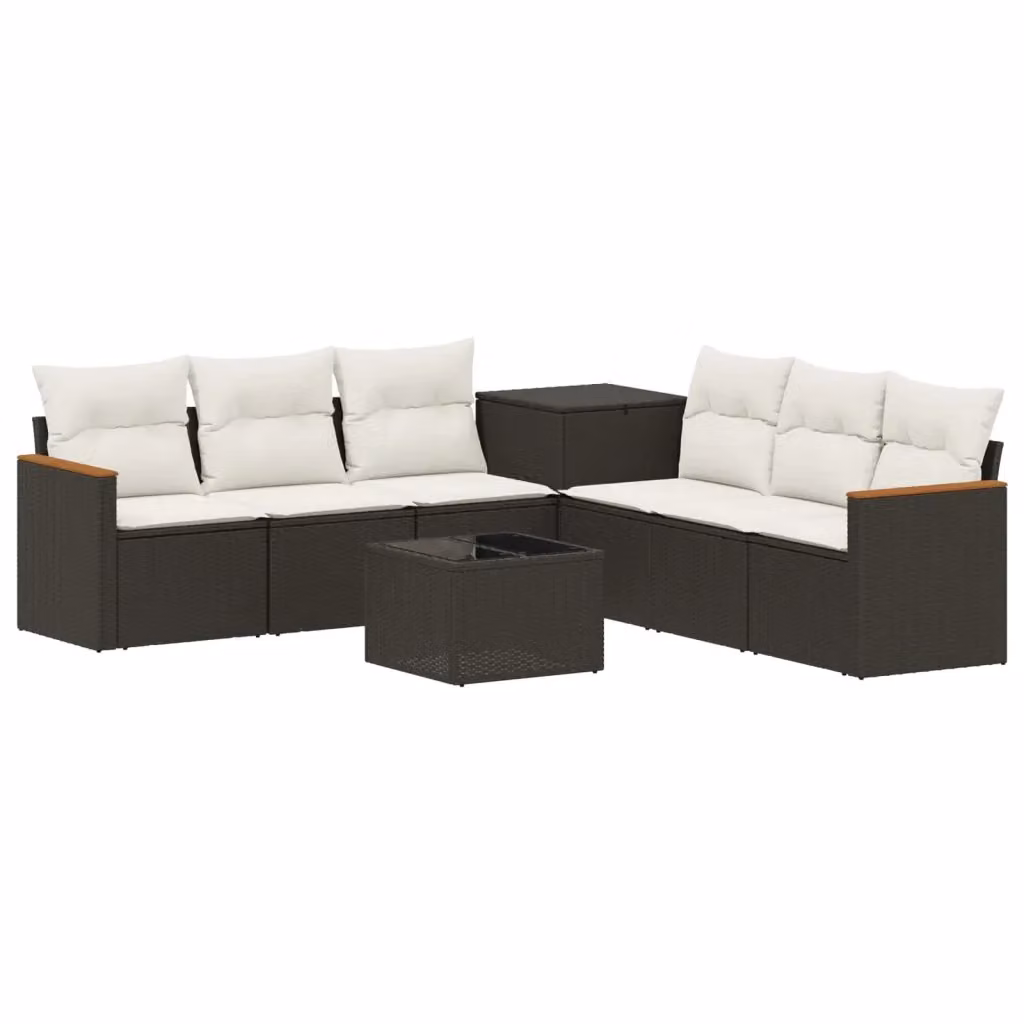 Set da giardino moderno vidaXL composto da 8 pezzi in polyrattan con struttura in metallo e legno di acacia, colore nero e bianco, include divano a L, elementi angolari, divano a 3 posti e tavolino da caffè con cuscini imbottiti in tessuto resistente ai r – 2