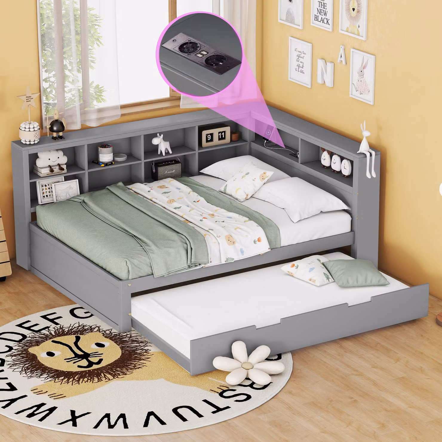 Divano letto MODFU 140x200 cm con letto estraibile 90x190 cm e rete a doghe, letto in legno, divano letto, lettino per bambini e letto per ragazzi con presa USB e diversi vani portaoggetti, grigio (senza materasso)