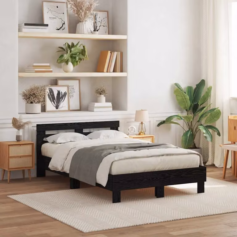 Struttura letto moderna vidaXL in legno con strisce LED e porta USB, Rovere Nero, L 140 x P 193 x H 70 cm