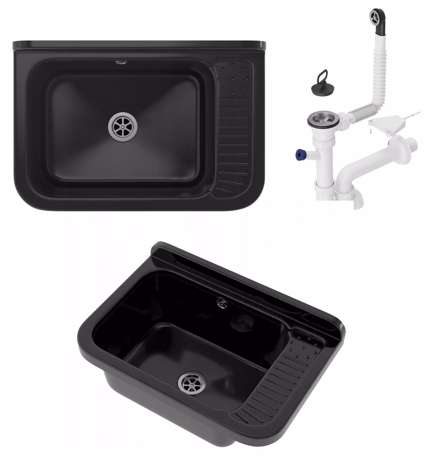 Granitan - Lavabo - Lavello - 50x34x31 cm - Nero - con sifone - Lavello da cucina - POLO