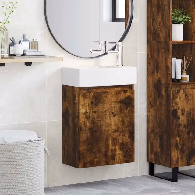 Mobile bagno moderno vidaXL in legno e MDF con rubinetto, colore rovere e bianco, L/P/H: 45,5 x 22,5 x 84 cm – 1