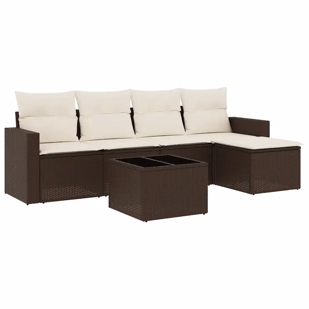 Set di divani da giardino vidaXL 6 pz a forma di L in polyrattan marrone con cuscini bianchi e tavolino da esterno – 2