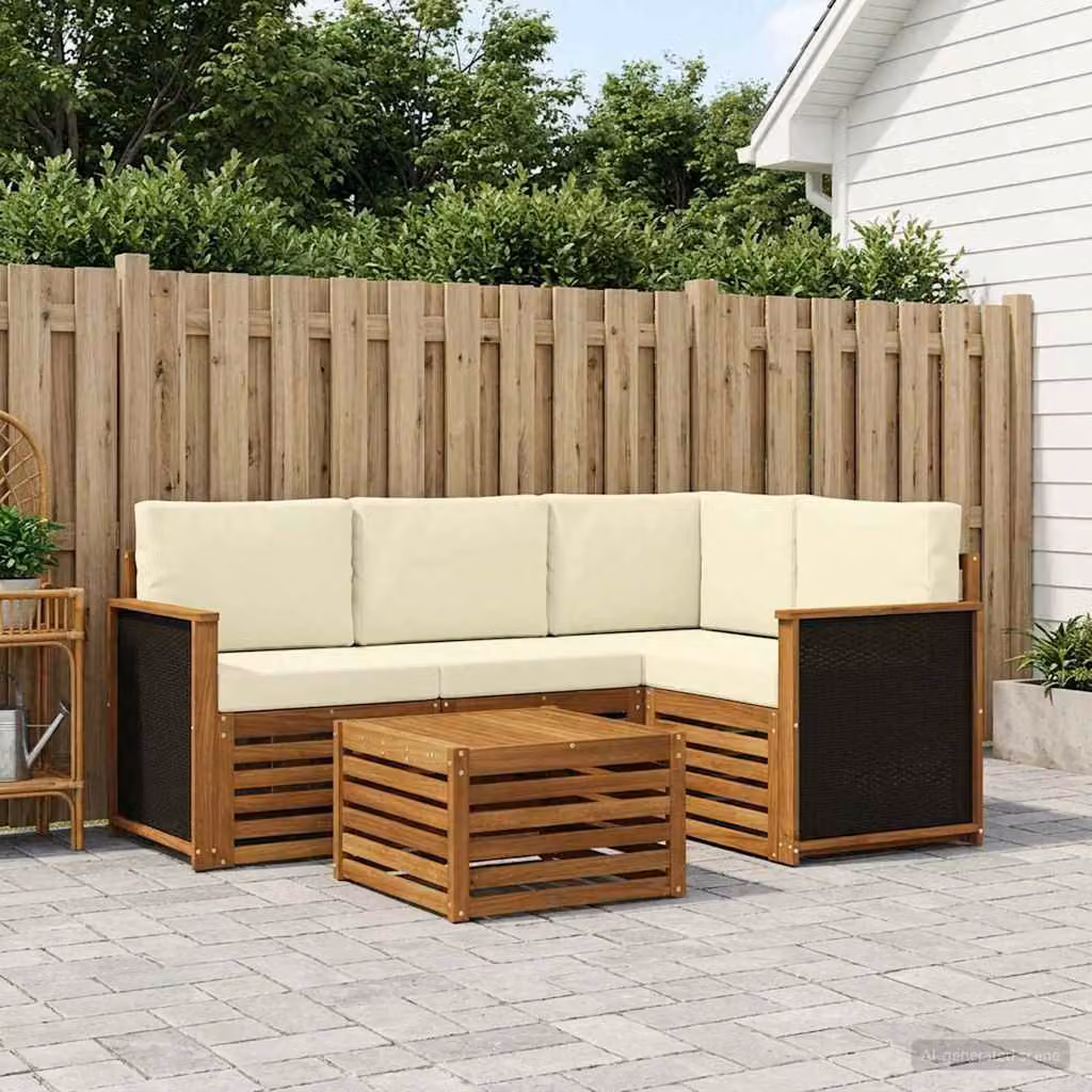 Set di divani da esterno vidaXL a forma di L con tavolino da caffè, struttura in legno di acacia e cuscini inclusi, colore marrone e beige
