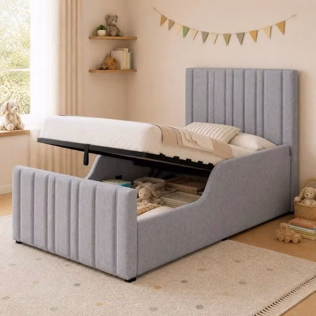 Letto imbottito per bambini 90x200 cm con contenitore idraulico; rete a doghe; grigio lino
