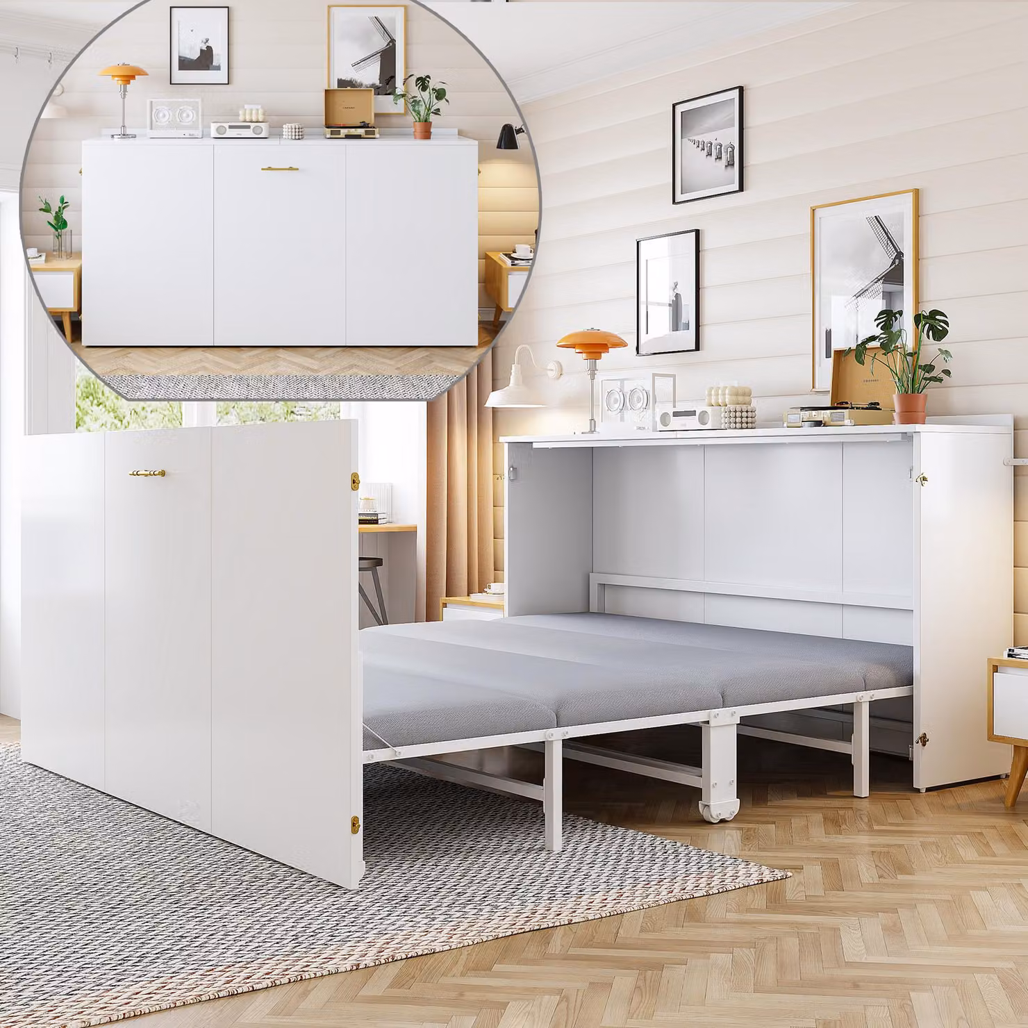 Letto a scomparsa Flieks 140x200 cm con materasso in lino, letto ribaltabile con struttura in metallo e rotelle, letto Murphy per ragazzi o ospiti, estraibile, bianco