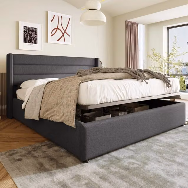 Letto matrimoniale contenitore 180x200 cm in lino grigio