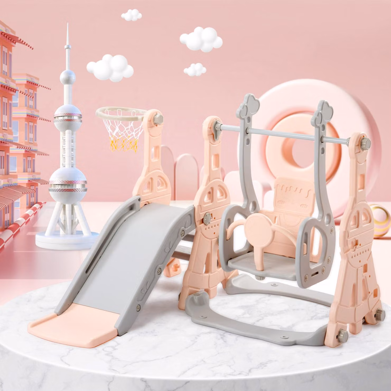 REMZETTA, area giochi multifunzionale 4-in-1 per bambini, con scivolo, altalena, scaletta e canestro da basket. Torre giochi realizzata in HDPE, adatta a bambini dai 1 ai 6 anni