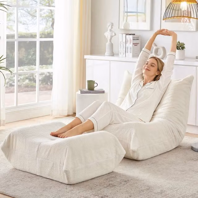 Poltrona Relax Zephmum con Schienale e Poggiapiedi in Tessuto Morbido Beige
