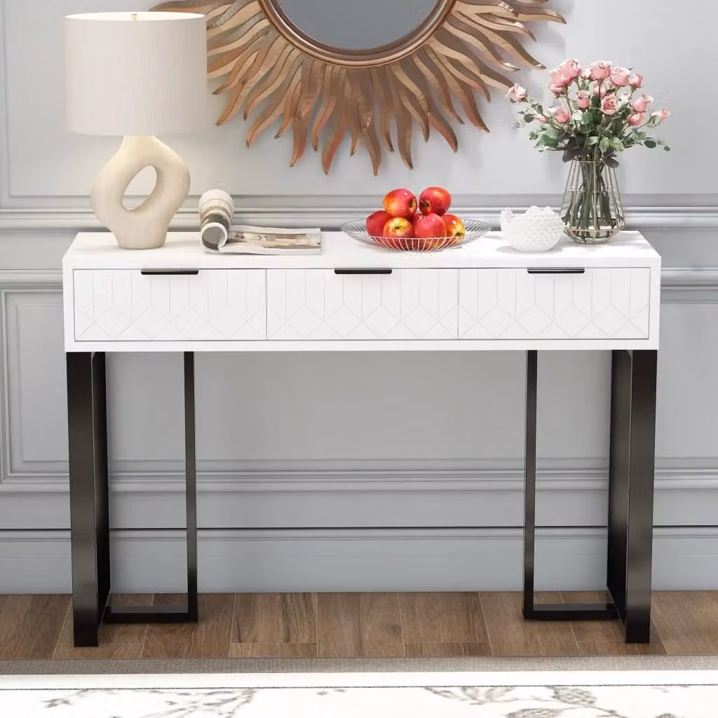 Consolle OKWISH moderna con cassetti in MDF laccato bianco, motivi geometrici e telaio dorato per ingresso, soggiorno o ufficio