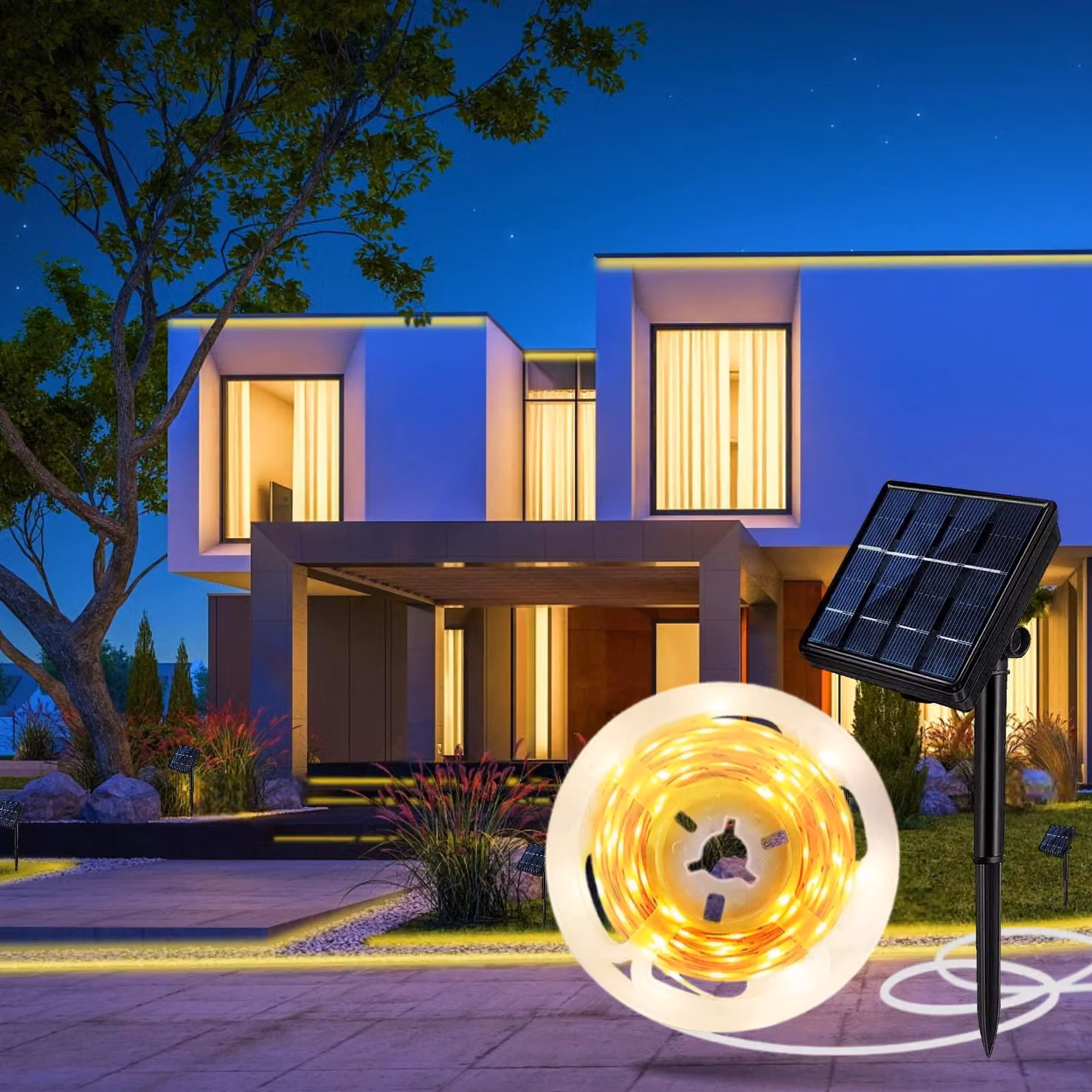 Striscia LED solare, 5 metri, luce bianco caldo 3000K, 320 LED, dimmerabile, grado di protezione IP65