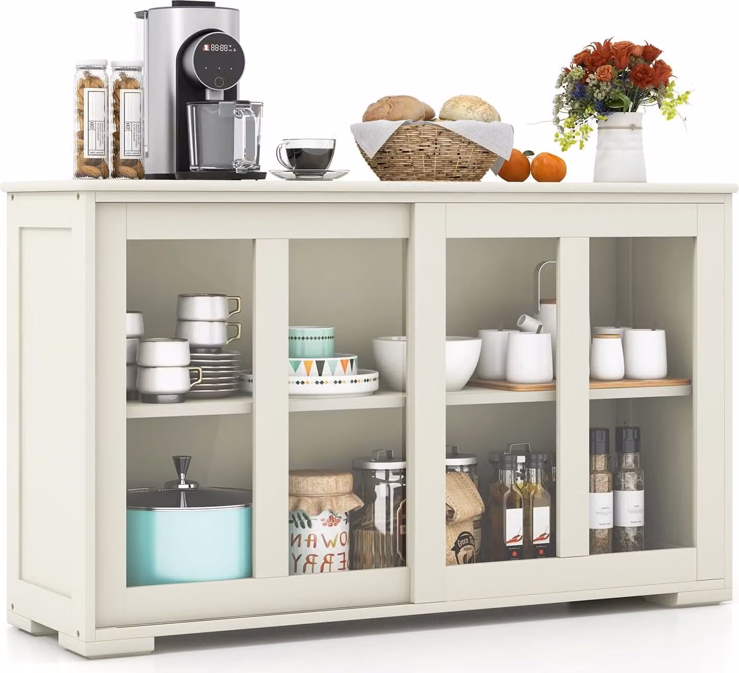Credenza COSTWAY, mobile da cucina con ante scorrevoli in vetro e ripiano regolabile, mobile contenitore 107 x 33 x 62,5 cm, beige