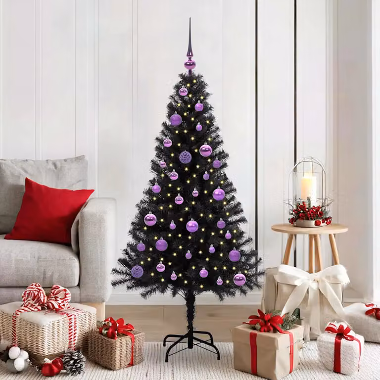 Albero di Natale moderno vidaXL nero con luci LED bianco caldo in PVC, Altezza: 150 cm