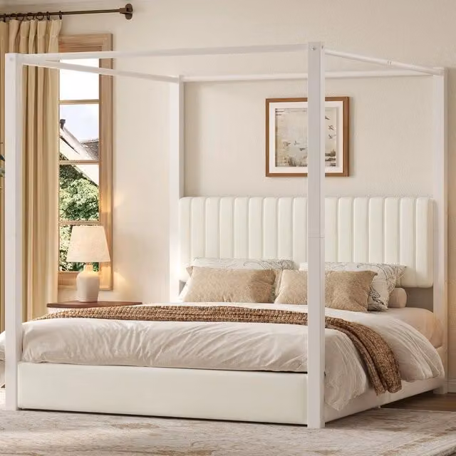 Letto imbottito con baldacchino ¨C Minimal ¨C Beige bianco metallo 180x200cm