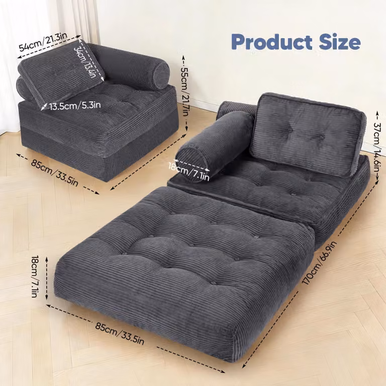 Divano modulare singolo - Divano letto reclinabile pieghevole - Posto singolo - Portatile - Design scandinavo - Grigio