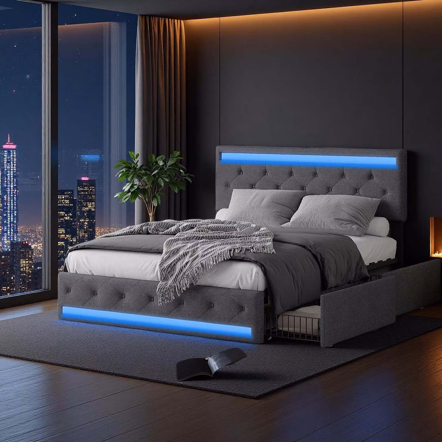 Letto imbottito ProximaX 140x200cm con funzione di carico, LED e testata regolabile in altezza, letto matrimoniale con rete a doghe e 4 cassetti, letto contenitore per biancheria, grigio
