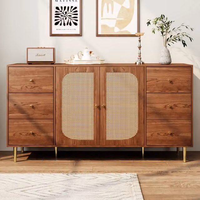 Credenza MIVRAY in MDF con 6 cassetti e 2 ante in rattan colore legno per cucina e soggiorno L: 160 cm, P: 40 cm, H: 90 cm