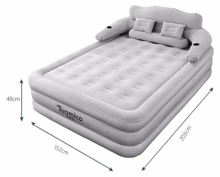 Materasso gonfiabile per campeggio - Letto matrimoniale gonfiabile, dimensioni 203x152x48 cm - Con schienale - Per 2 persone - Superficie in PVC floccato - Altezza 48 cm - Colore grigio