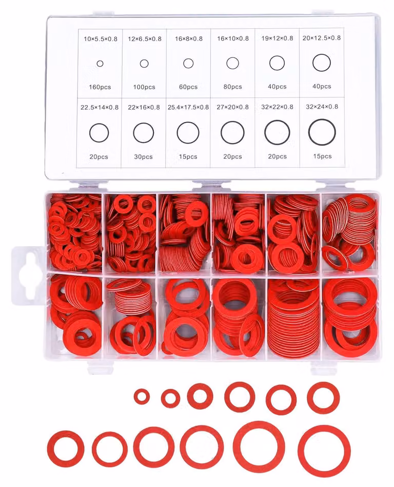 Assortimento di guarnizioni in fibra, 600 pezzi - Guarnizioni piane - Diverse dimensioni - Isolamento - Alte prestazioni - Con scatola in plastica