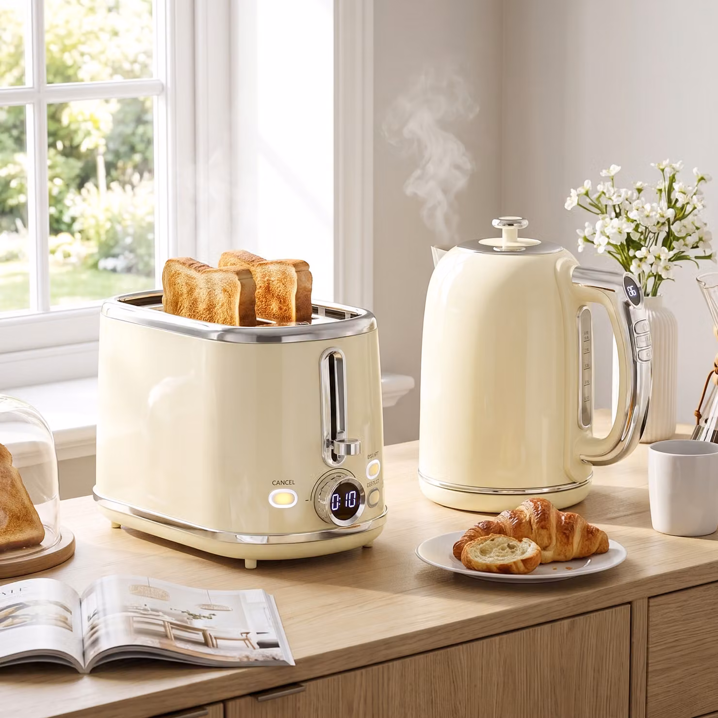 Set Bollitore da 1,7 L e Tostapane HOMCOM con Display Digitale e Funzione Mantenimento Calore, Beige – 2