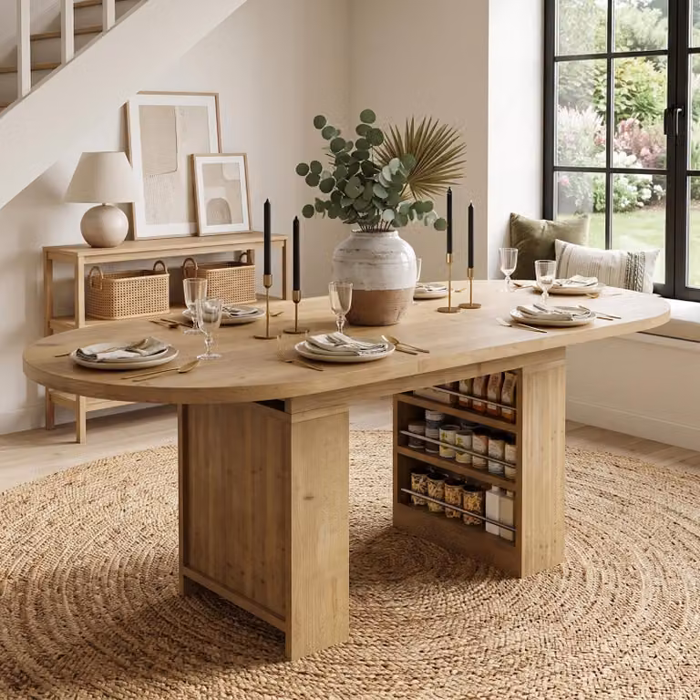 Tavolo da pranzo estensibile con spazio contenitivo, piano del tavolo rinforzato, adatto per 6-8 persone, tavolo da pranzo, tavolo da cucina, dimensioni 150-200x90x76 cm, colore noce